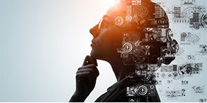 Stock image showing a woman thinking about concepts such as AI, analysis, automation, big data, business, cloud computing, communication, deep learning, and digital transformation